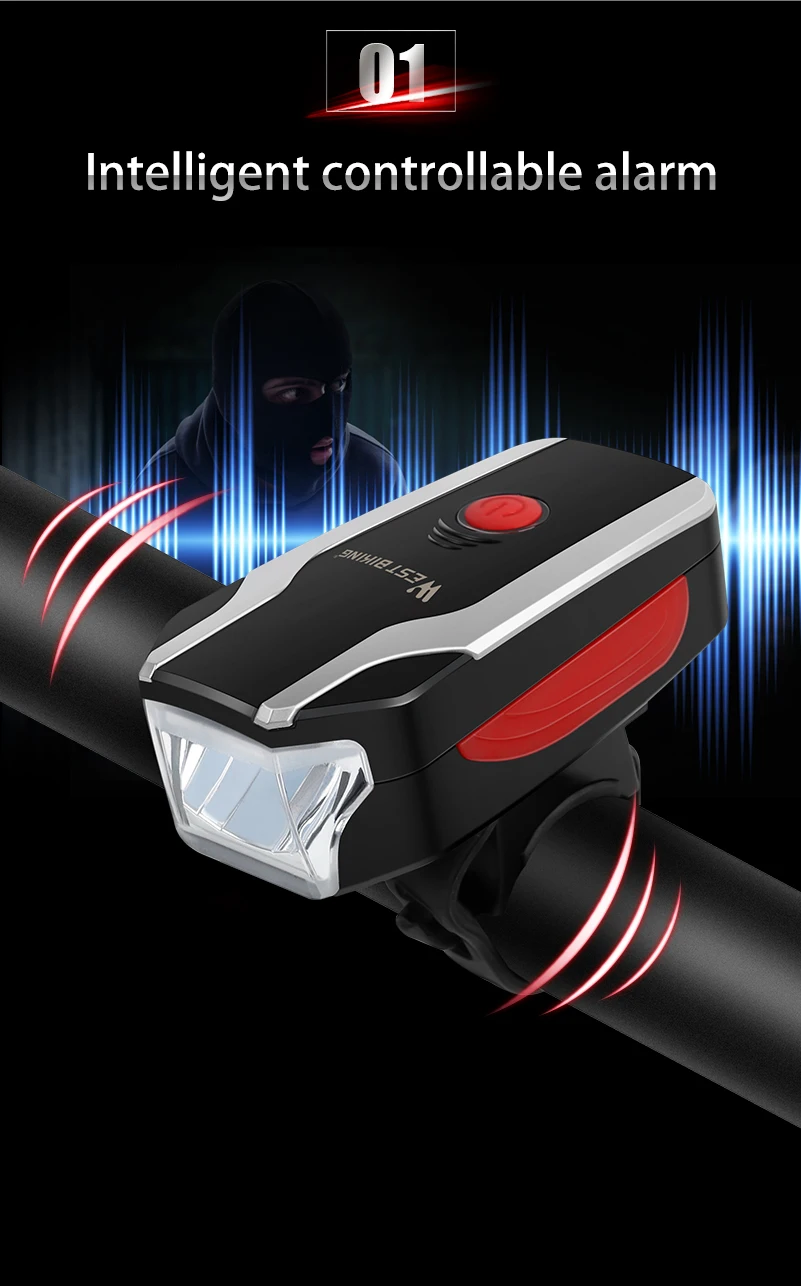 Best WEST BIKING Bike Light 350 lumens USB Charging Waterproof Alarm Horn Headlight 120db Cycling Bicycle Handlebar Lamp 1200mAh 2