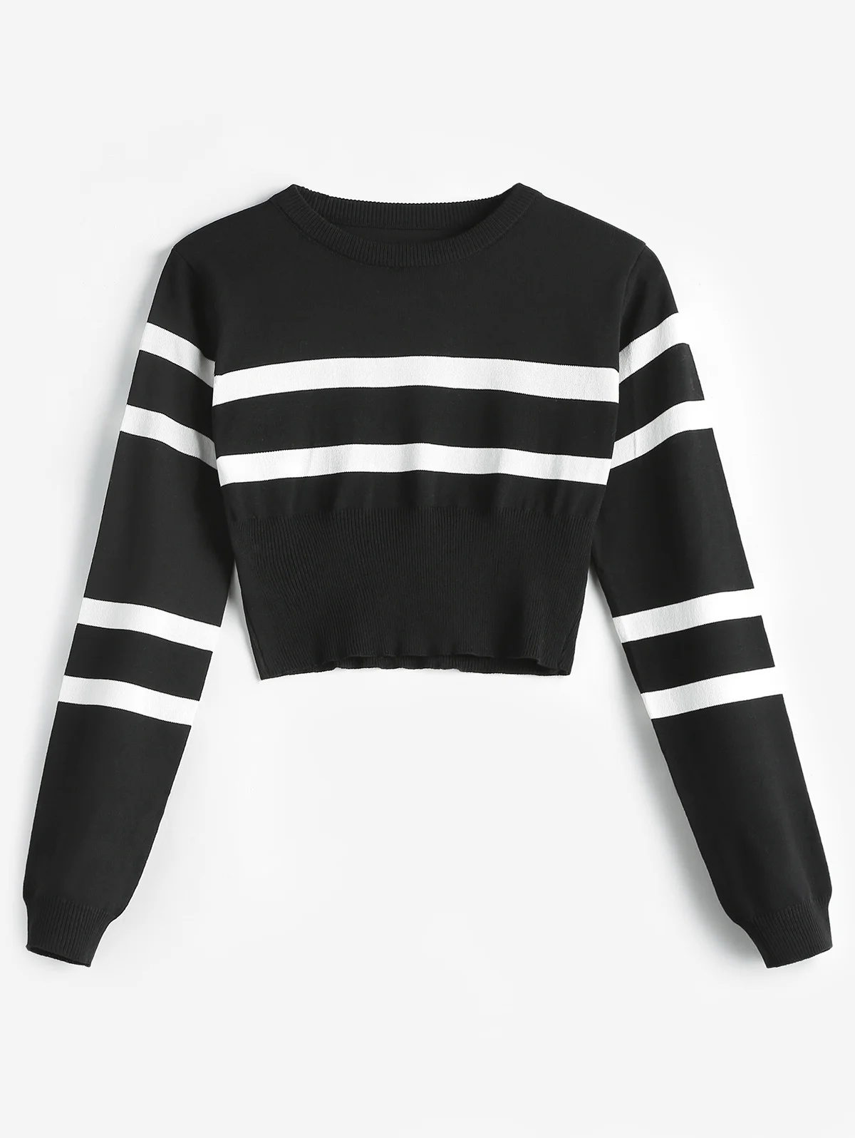

ZAFUL Striped Round Neck Sweater Crop Top Elastic Waist Pullovers Women Autumn Classic O-Neck Winter Casual Sweaters 2019