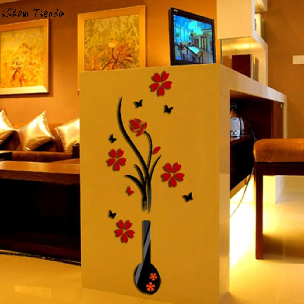 DIY Vase Flower Tree wall sticker Crystal Arcylic 3D Wall Stickers