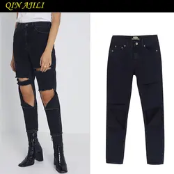 QIN AJILI черные женские джинсы Streewear ботильоны-Длина брюки Высокая Талия регулярные джинсы для леди рваные Femme Жан брюк