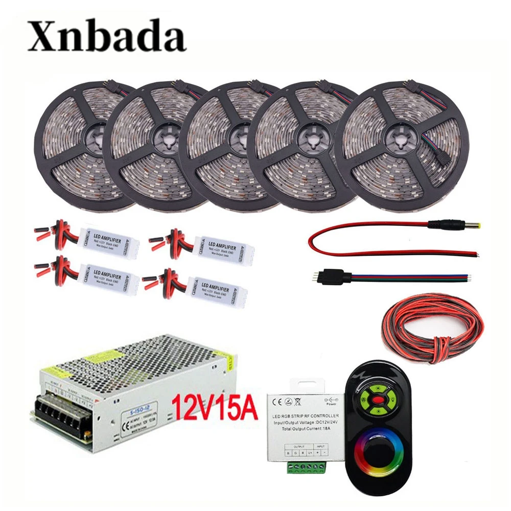 #cheap 5M 25M 5050 SMD RGB Led Strip Set Led Flexible Light 30led m DC12V + 5# RGB RF Led controller + Power adapter + Led Amplifier