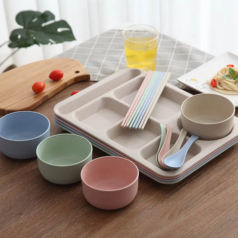 

4Pcs/set Baby Dish Tableware Set Wheat Straw Children Food Feeding Dishes With Bowl Chopsticks Spoon Kids Dinnerware MBG0380