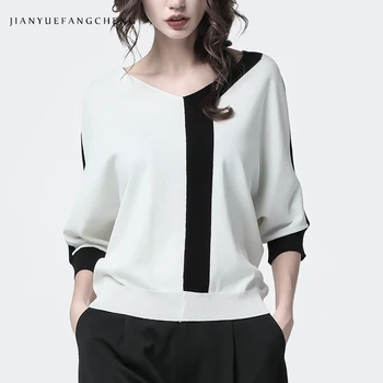 

Rayon Knitting Top Blouse Women Black-White Patchwork V-Neck Half Sleeve Blusa Plus Size Loose 2019 Summer Casual Sports Blouses