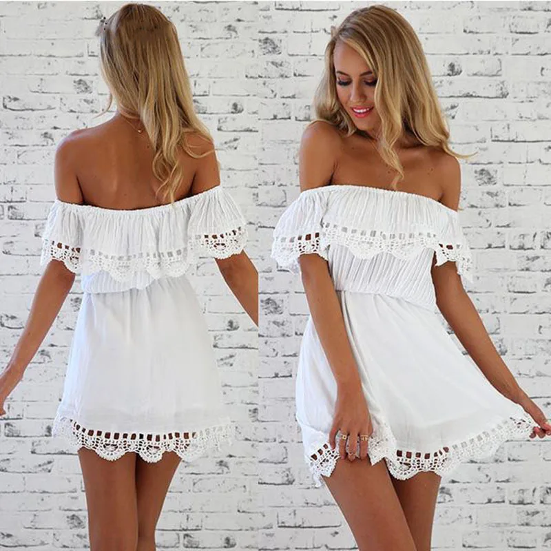 

Summer New Fashion Women Elegant Stylish Sexy Slash Neck Casual Vintage Sweet Lace White Dress Slim Beach Sundress