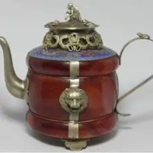 Красивое китайское тибетское серебро, инкрустированное красным агатовый нефритовый чайник