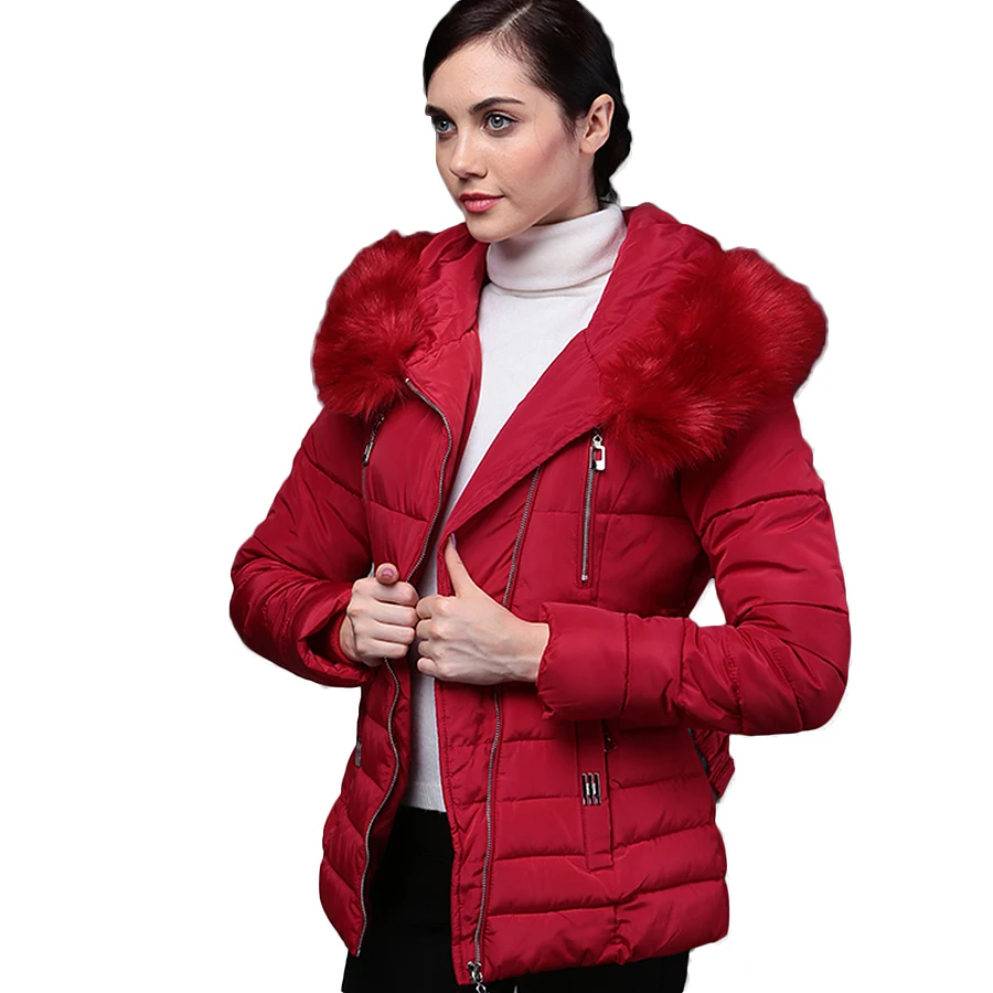 New 2016 Winter Warm Down Cotton Jacket Fashion Women Faux Fur Collar Thick Slim Hooded Plus