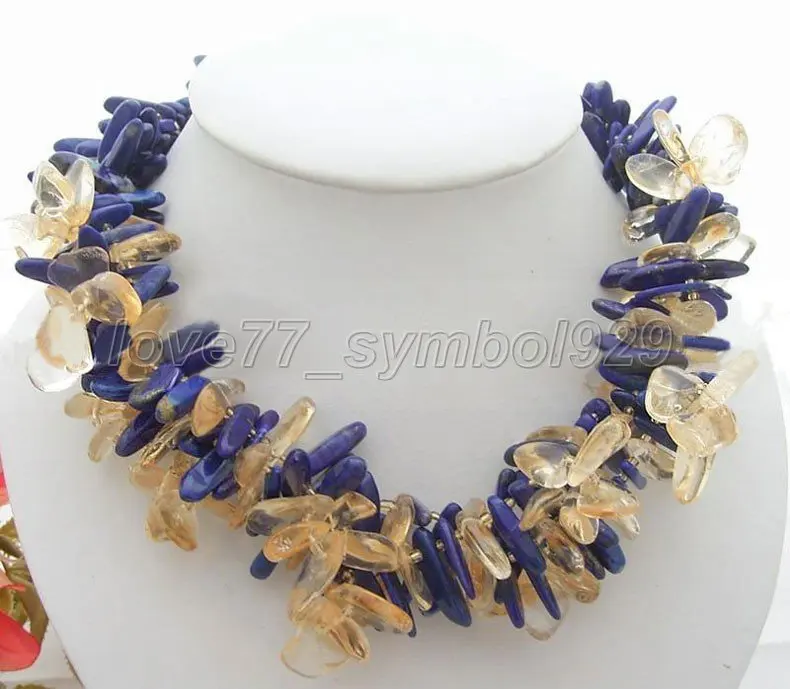 

Beautiful 3 strands Yellow Crystal Lapis Necklace Free Shipment