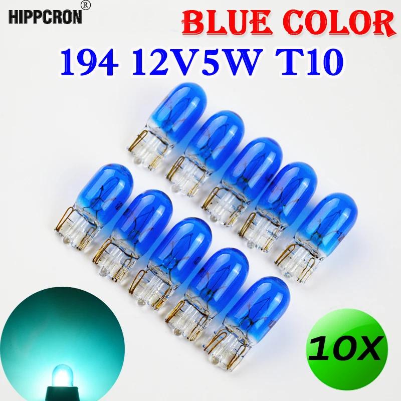 Hippcron 10 x Синий W5W T10 194 501 Стекло Автомобильная лампочка 12В 5 Вт авто лампа одна нити W2.1x9.5d датчик светильник