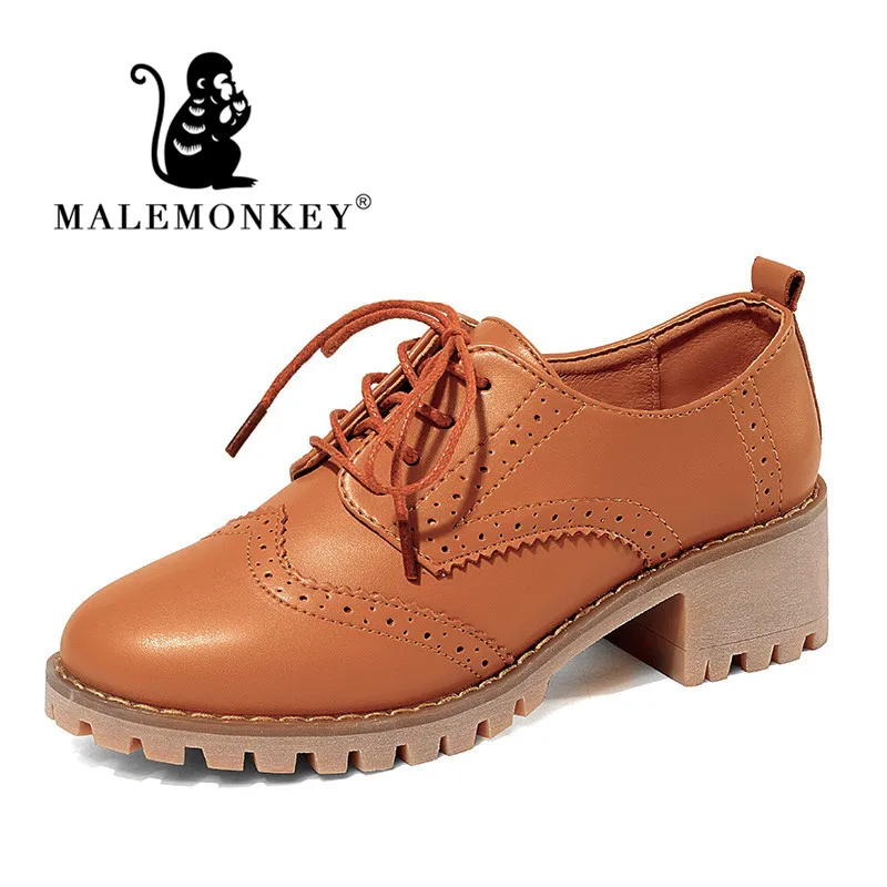 Women Oxfords Shoes Handmade Lace-up Round Toe Thick Heel Leisure Comfortable and Soft Office Lady Shoes - Цвет: Brown