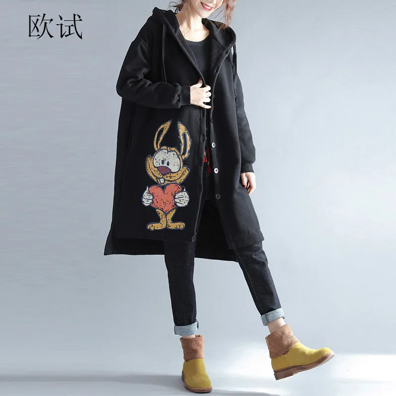 

Women Cartoon Hooded Winter Korean Jacket Coat kawaii Plus Size Long Coat Women Loose Casual Clothes Black Tops New 4XL 5XL 2018
