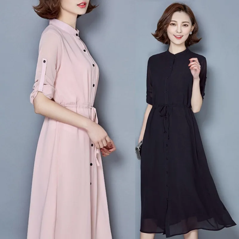 

Women's Dress 2019 Spring New Korean Version of The Large Size Women's Slim Fashion Long-sleeved Chiffon Dress