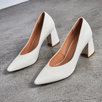 

Genuine leather pump high-heeled women 2018 new black white-collar professional chunky women's shoes four seasons single shoes