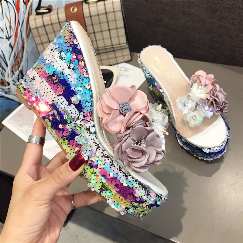 

Rimocy Colorful Sequin High Heels Wedges Sandals Women Clear Flower Slides Platform Sandalias Mujer 2019 Fashion Woman Shoes