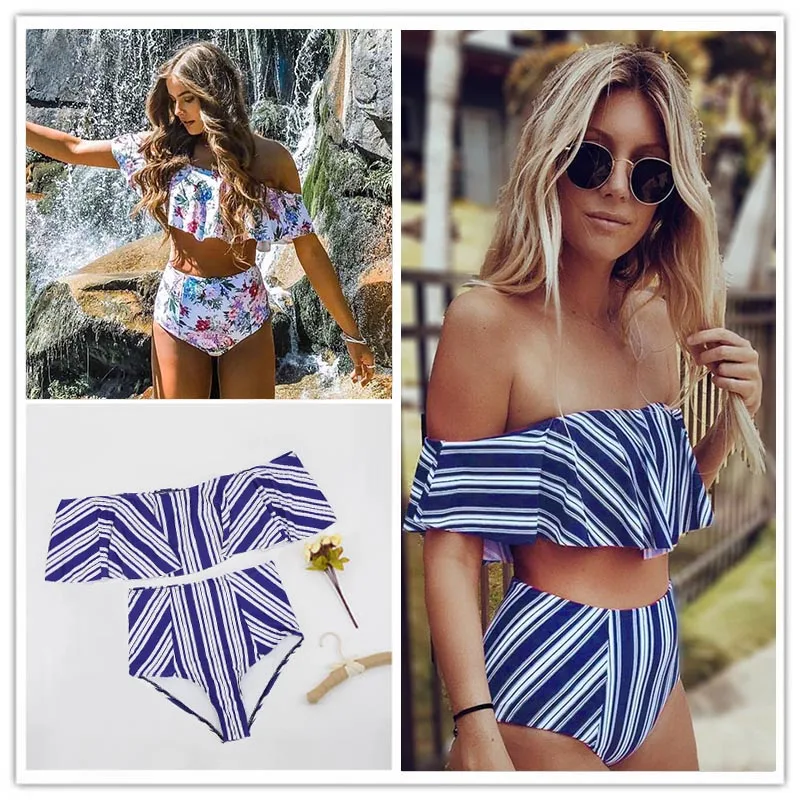 2017 Sexy Bikini Set High Waist Swimwear Women Striped Biquini Ruffled Swim Bathing Suit White Blue