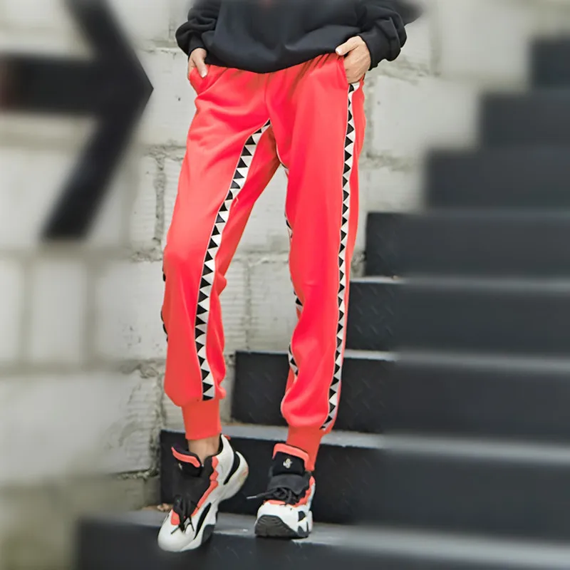 

just.be.never hip hop women pants red black patchwork panelled spliced skateboard pants harajuku loose streetwear elastic waist