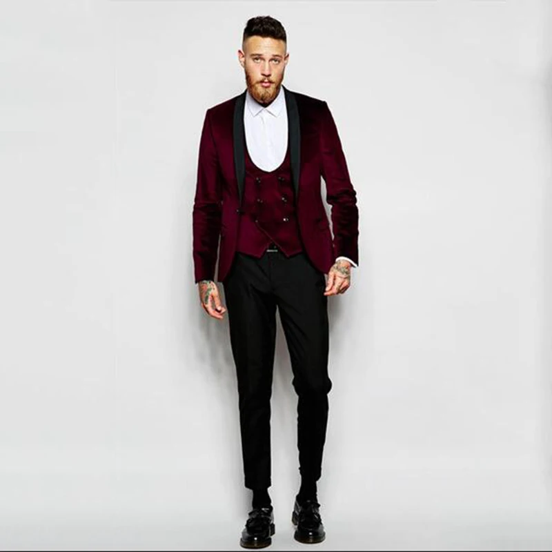 High quality Wine red Velvet Men's Wedding Suits Prom Groom Tuxedos Elegant Customed Party Casual Suits Business Formal Occasion