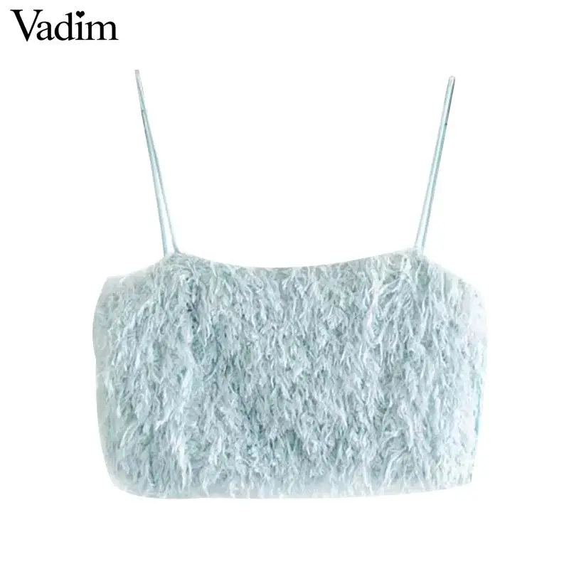 

Vadim women stylish feather decorate crop top adjustable straps sleeveless backless camis blue cozy short blouse tops WA438