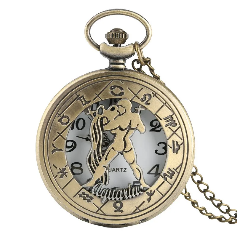 12 Созвездие карманные часы короткие арабские цифры аналоговые кварцевые часы ожерелье цепь Бронзовый полый чехол Half Hunter Relogios - Цвет: Красный