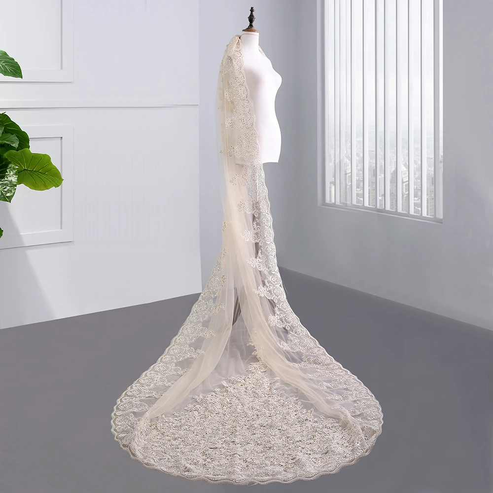 3 Meter White Ivory Cathedral Wedding Veils 2018 Long Lace Applique Edge Bridal Veil with Comb Wedding Accessories Bride Veu