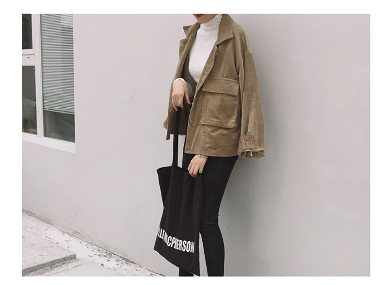 Scsech Women Jacket Corduroy Retro Double Pocket Wind Loose Baseball Short Jacket Coats Spring And Autumn Casual Jacket D8A129 (12)