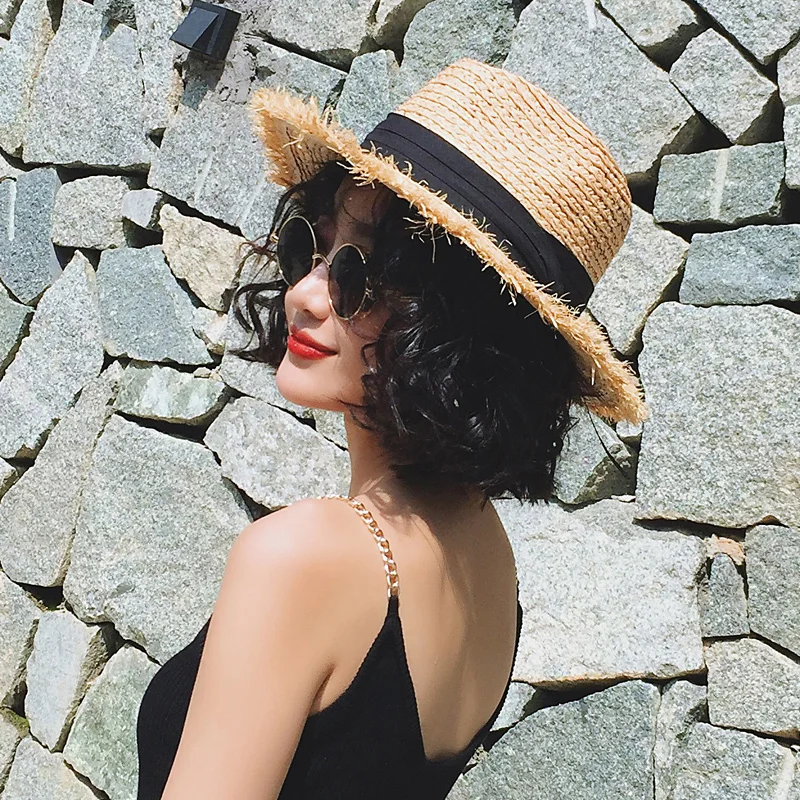 

Шляпа от солнца из рафии, женская летняя шляпа от солнца, пляжная шляпа с козырьком, Женские Дышащие шляпы, Корейская версия, крутые шляпы для отдыха на открытом воздухе, H242
