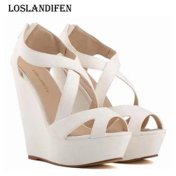 

Loslandifen Women Sexy Cross Strap Platform Wedge Patry High Heels Sandals Shoes Plus Size 35-42 Ladies Summer Flock Sandals