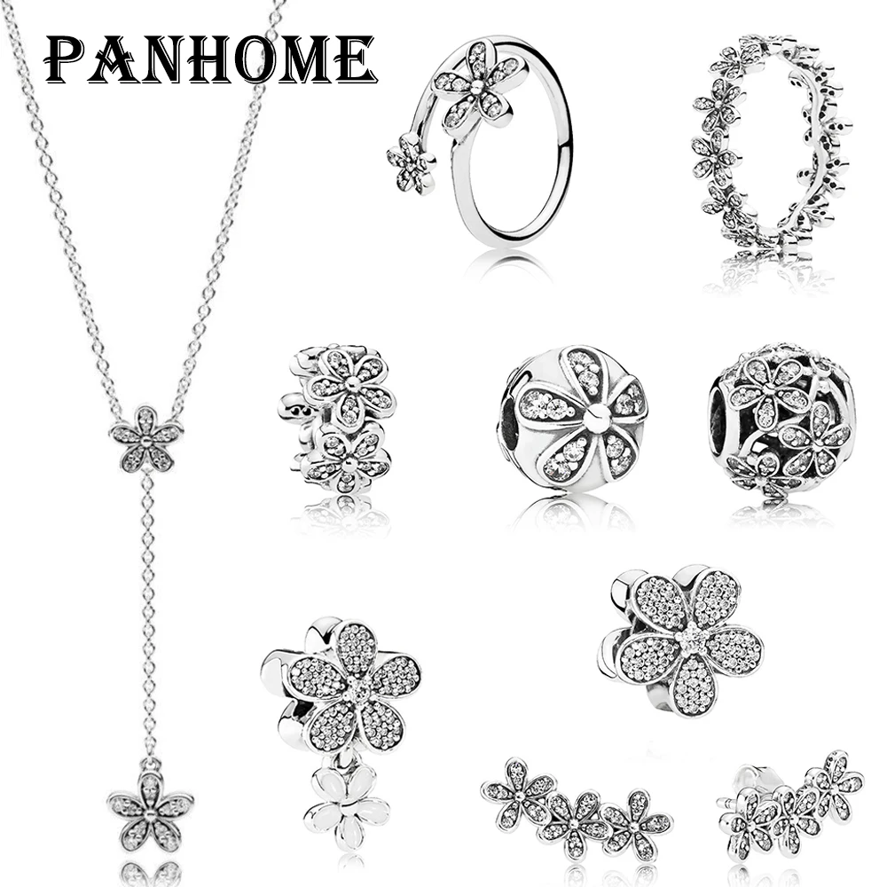 

PANHOME 100% 925 Sterling Silver DAZZLING DAISY Flower Collection Ring Earrings Stud Beaded Charm Clip Necklace SPACER Jewelry