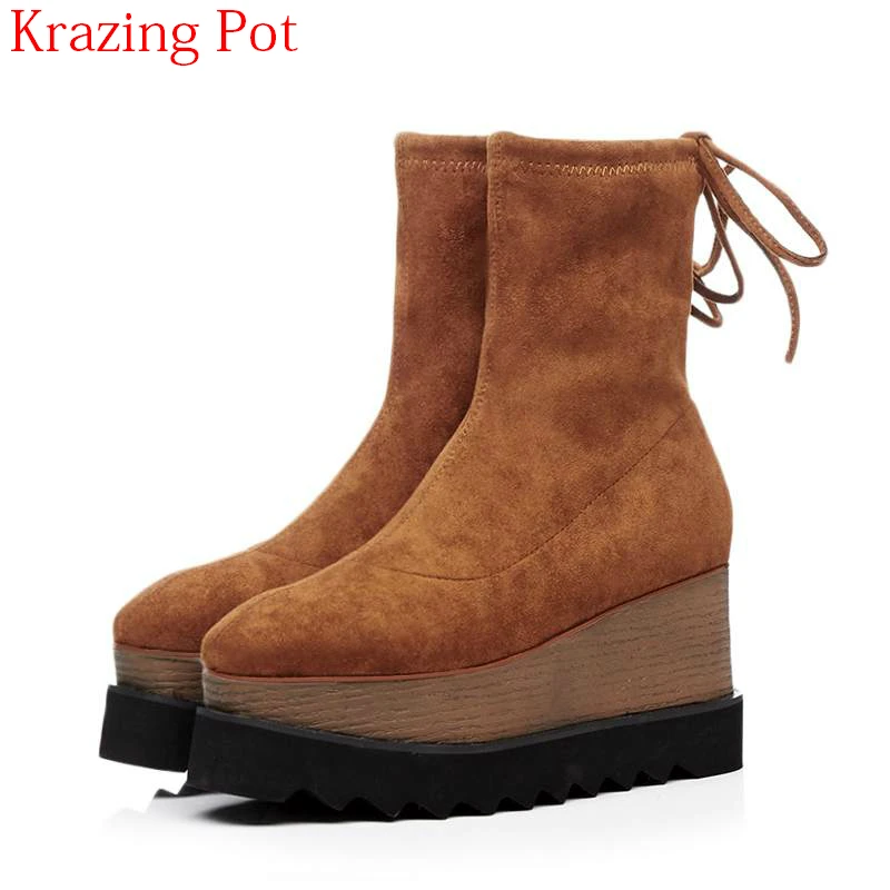 

2018 New Arrival Flock Lace Up Fashion Runway Wedges Autumn Spring Casual Shoes Lazy Platform Stretch Women Ankle Boots L83