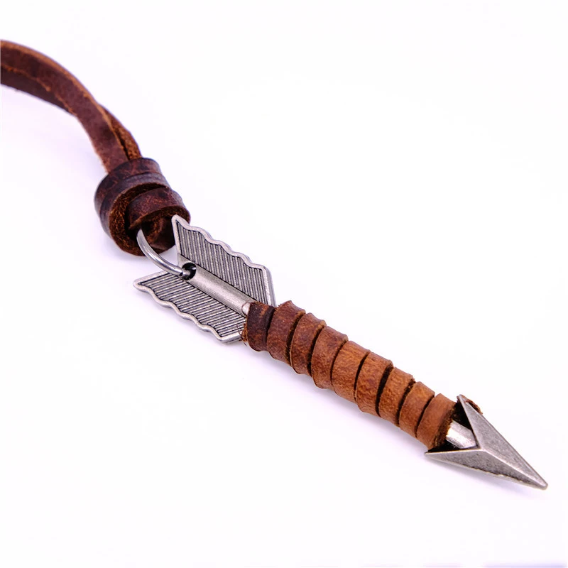 NIUYITID Arrow Pendant Necklace Men Brown 100% Genuine Leather Necklace Jewelry Adjustable Male Vintage Collier Kolye  (6)