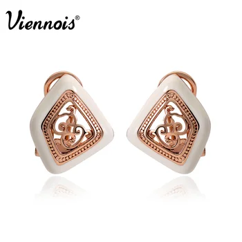 

Viennois Rose Gold Color Stud Earrings for Women Vintage Earrings White Enamel Hollow Small Earrings Female Fashion Jewelry