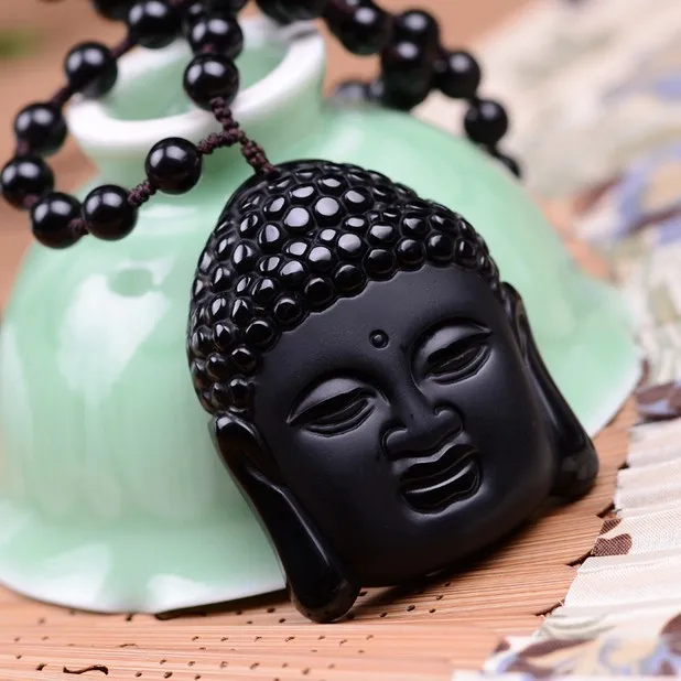 Обсидиан Винтаж ожерелье черный кулон в виде головы Будды для женщин и мужчин обсидиан ювелирные изделия