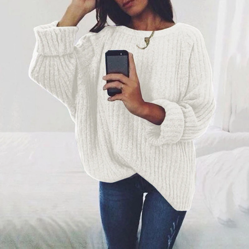 Comprar 2019 suéter de mujer Otoño Invierno cuello redondo Jersey de punto de alta calidad blanco negro