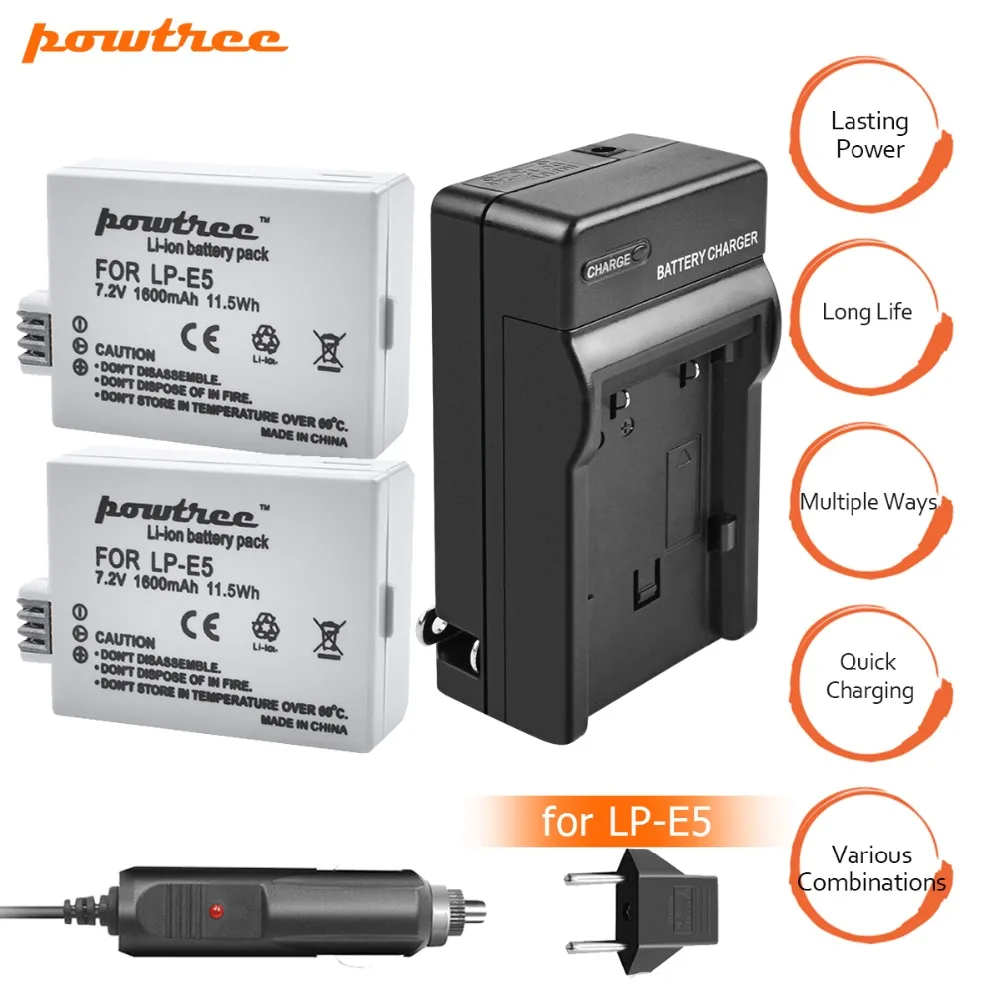 

2Packs LP-E5 LPE5 LP E5 Battery 7.2V 1600mAh+Battery Charger+Car charger for Canon EOS Rebel XS, Rebel T1i,1000D, 500D,450D L15