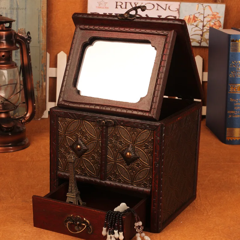 

Retro Coins pattern jewelry box Antique do old Dressing case Desktop Makeup with mirror portable handle With drawer Storage Box