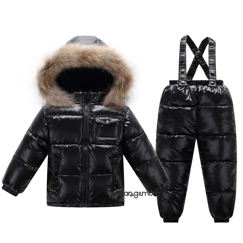 Russian winter children's clothing fashion shiny jackets for girls child coat boys winter jacket+ pant waterproof snow wear - Цвет: black