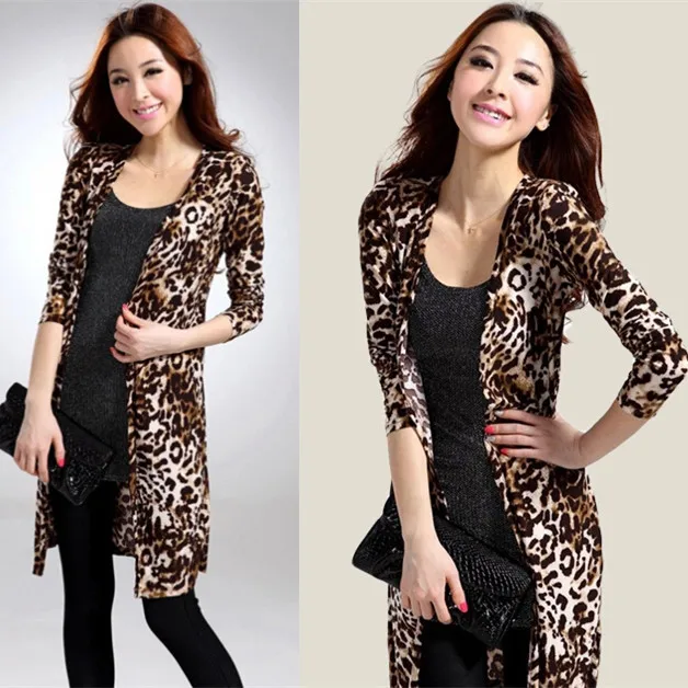 

High Quality Leopard Print Long Sleeve Cape Tunic Cardigan Women Tops Shawl Coat