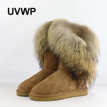 UVWP Top Quality 100% oryginalne skórzane damskie buty śniegowe moda Big lis naturalny zimowe buty z futerkiem ciepłe botki o średniej wysokości kobiet buty