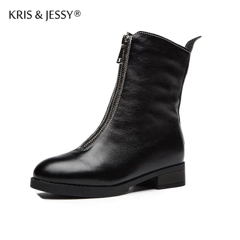 

All Leather Front Zip Round Head Women Ankle Boots Fleece or No Fleece Inside Warm Winter Woman Square Heels Boots