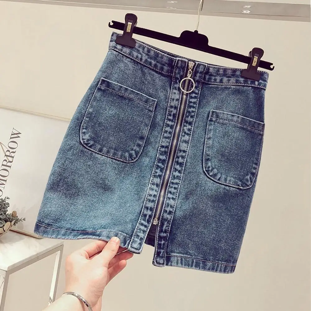 

Fashion Women Summer Skirt New Korean High Waist Zipper Pocket Student Short Denim Skirt