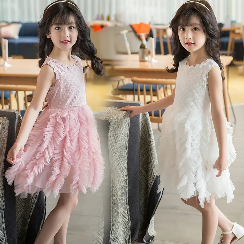 

3 5 6 7 8 Years Children Girls Lace Fluffy Girl Dress 2019 Spring Summer Pink White Kids Princess Birthday Party Casual Clothes