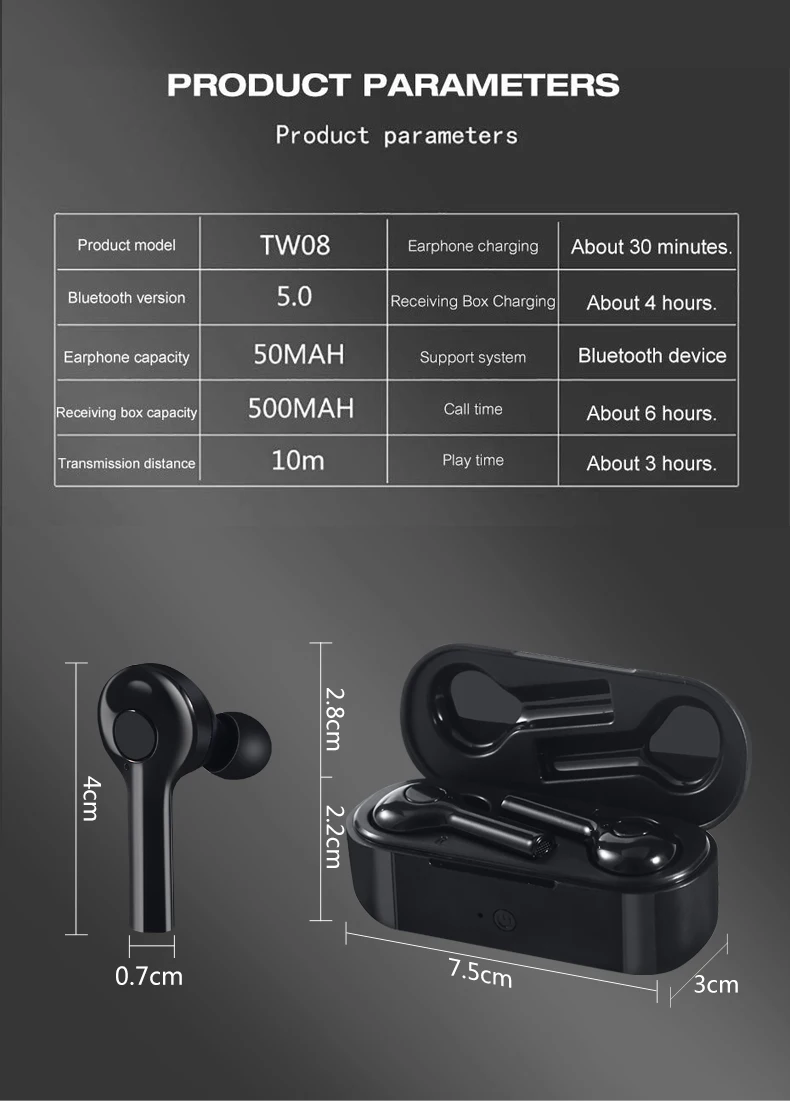 TW08 TWS беспроводные Bluetooth наушники-вкладыши одиночное/бинауральное соединение двусторонние стерео наушники для huawei samsung iPhone