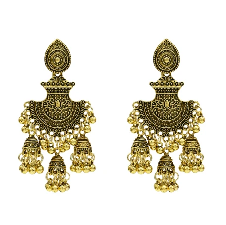 Gold Metal Индийские серьги для женщин, окисленная Jhumka, золото, серебро, большая Длинная кисточка, колокольчики, висячие серьги, цыганская турка, Этнические украшения - Окраска металла: Gold Metal