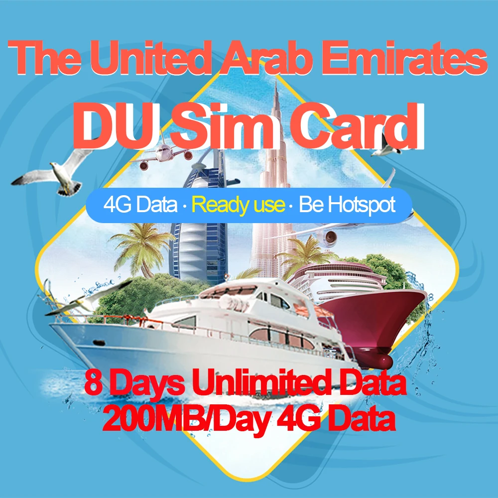 

Mewfi Prepaid 8 Days Unlimited Data Card to The United Arab Emirates Travel Sim Card No Call 200MB/Day 4G Data DU Local Network