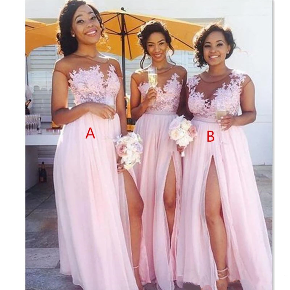 

Cheap Country blush pink bridesmaid dresses Sexy sheer Jewel neck lace appliques maid of honor dress split formal evening gowns