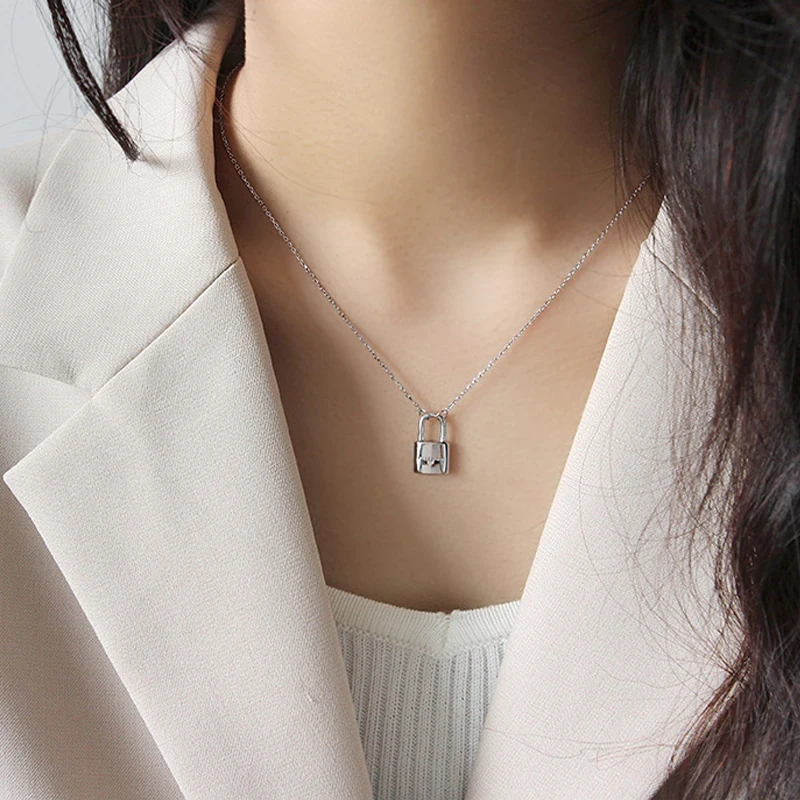 Qevila Fine Jewelry Sexy Necklace for Women Lover 925 Sterling Silver Heart PadLock Pendant Necklace lovely Charm Choker Colares (8)