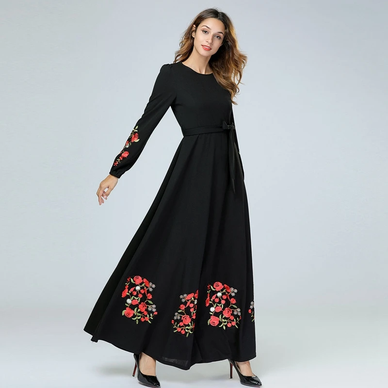 Женское элегантное платье мусульманское длинное платье вышитые цветы черные макси платья с длинным рукавом платье с широкой юбкой