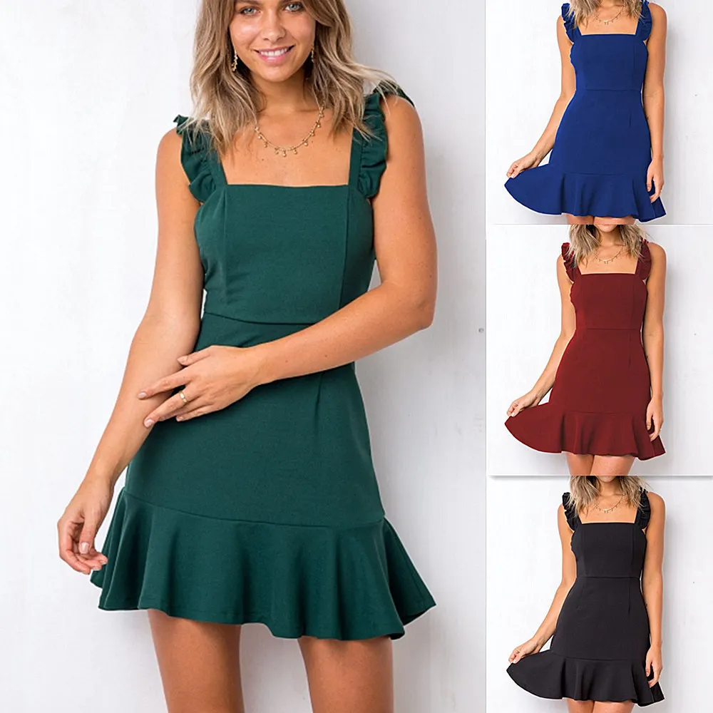 2019 Ruffle Spaghetti Strap Summer Dress Women Square Neck Sleeveless Black Mini Dresses Casual 
