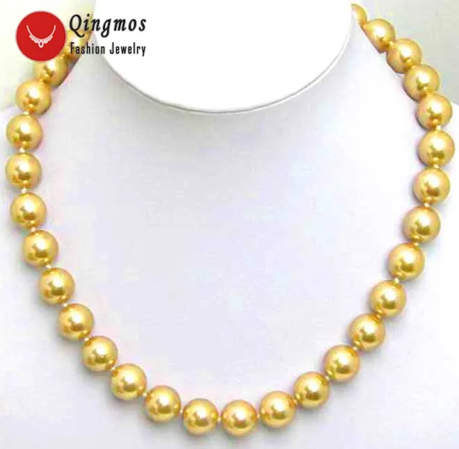 

Qingmos Sea Shell Pearl Necklace for Women with 12mm High Luster Round Gold Shell Pearl 17" Chokers Necklace Jewelry 5512
