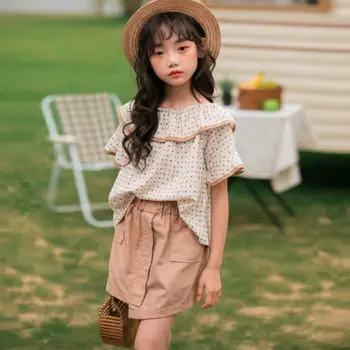 

2019 Korean style girls 2 pcs set dots blouse+skirt fashion summer girls suit 4-9t B685