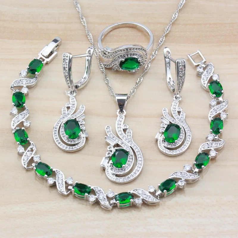 

Affordable 10-Color 925 Silver 4PCS Jewelry Sets With Green Natural Stone CZ Women Costume Dangle Earrings/Bracelet And Ring Set